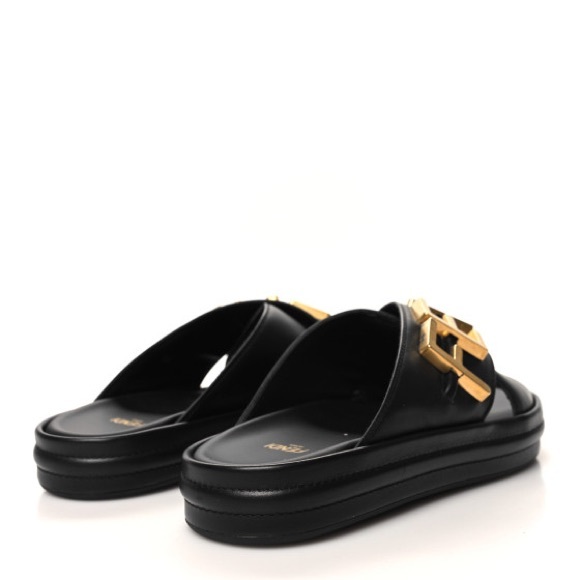 FENDI Vitello Women's Fendigraphy Slide Sandals 37 Black & Gold - Picture 5 of 9